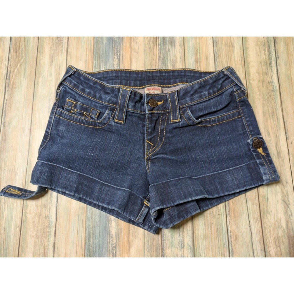 True Religion Joey Cuffed Denim Shorts Dark Wash Size 26 Y2K Festival Western